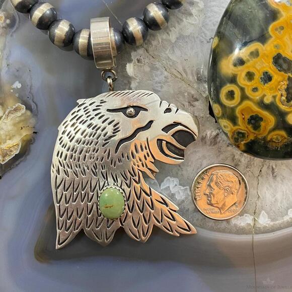Tommy & Rosita Singer Sterling Silver Green Turquoise Overlay Eagle Pendant - Picture 8 of 10